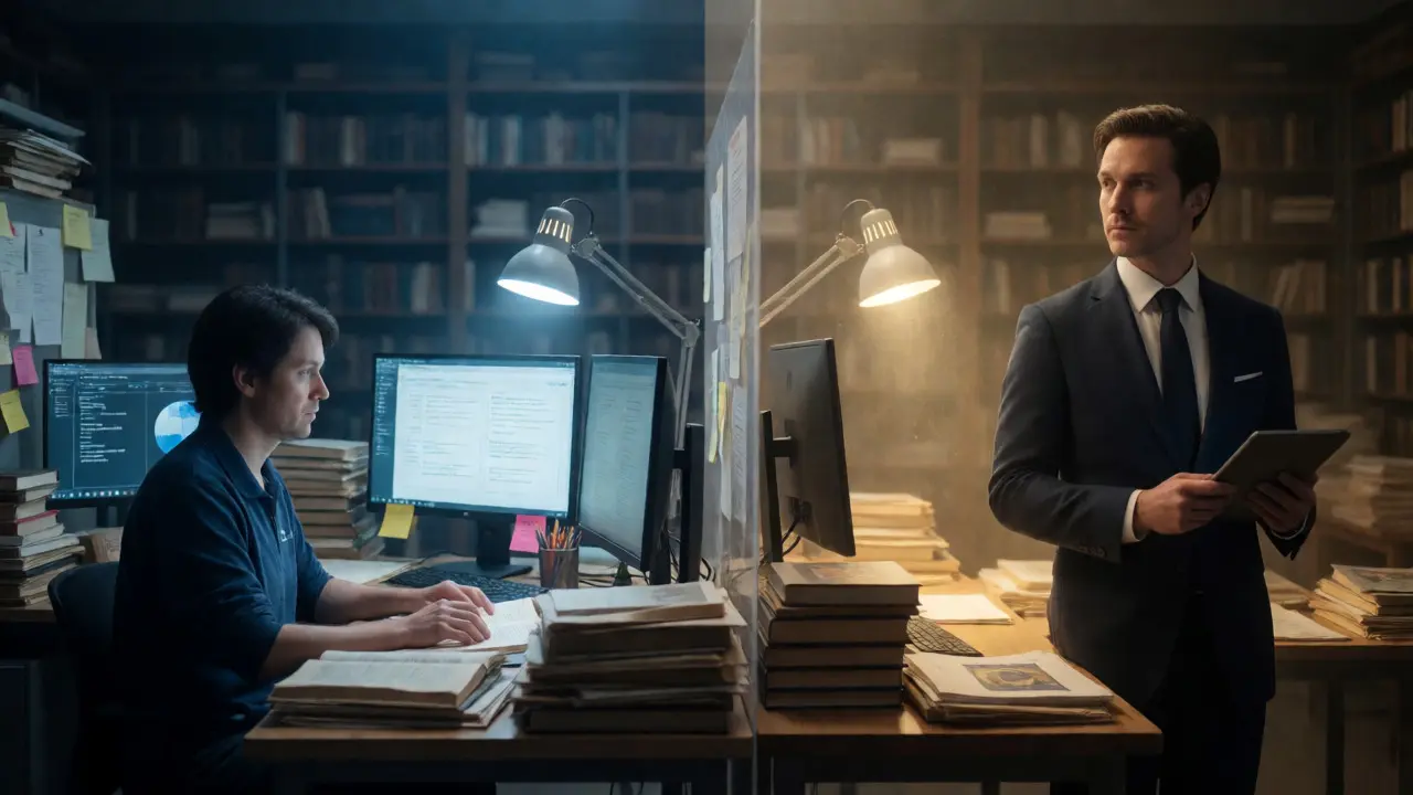 Contrast between a diligent volunteer researcher and a corporate PR figure