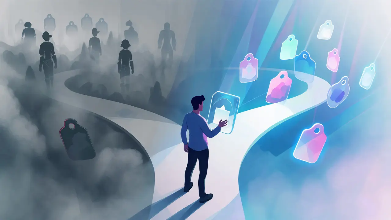 Contributor choosing the transparent path by tagging AI-assisted work in a conceptual illustration.