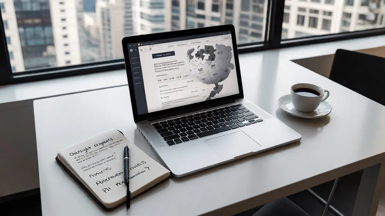 Desk setup with laptop showing Wikipedia profile and privacy management notes