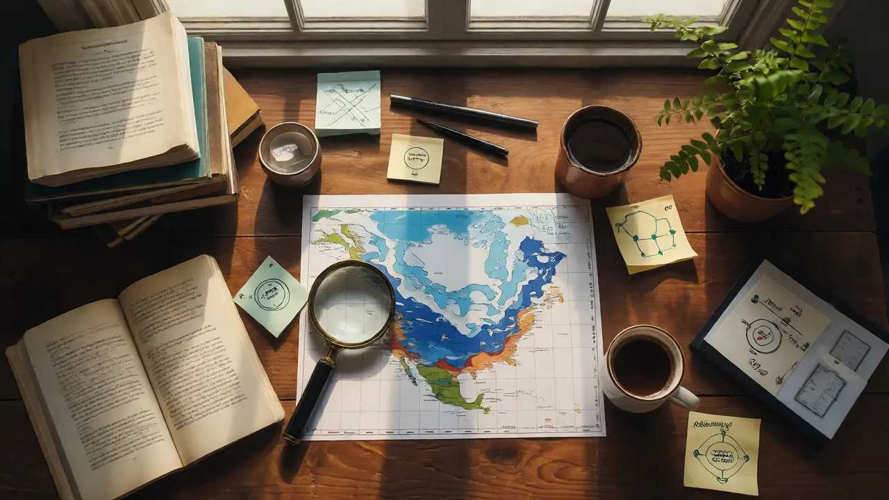 Desk with scientific journals, maps, and plants for environmental research.