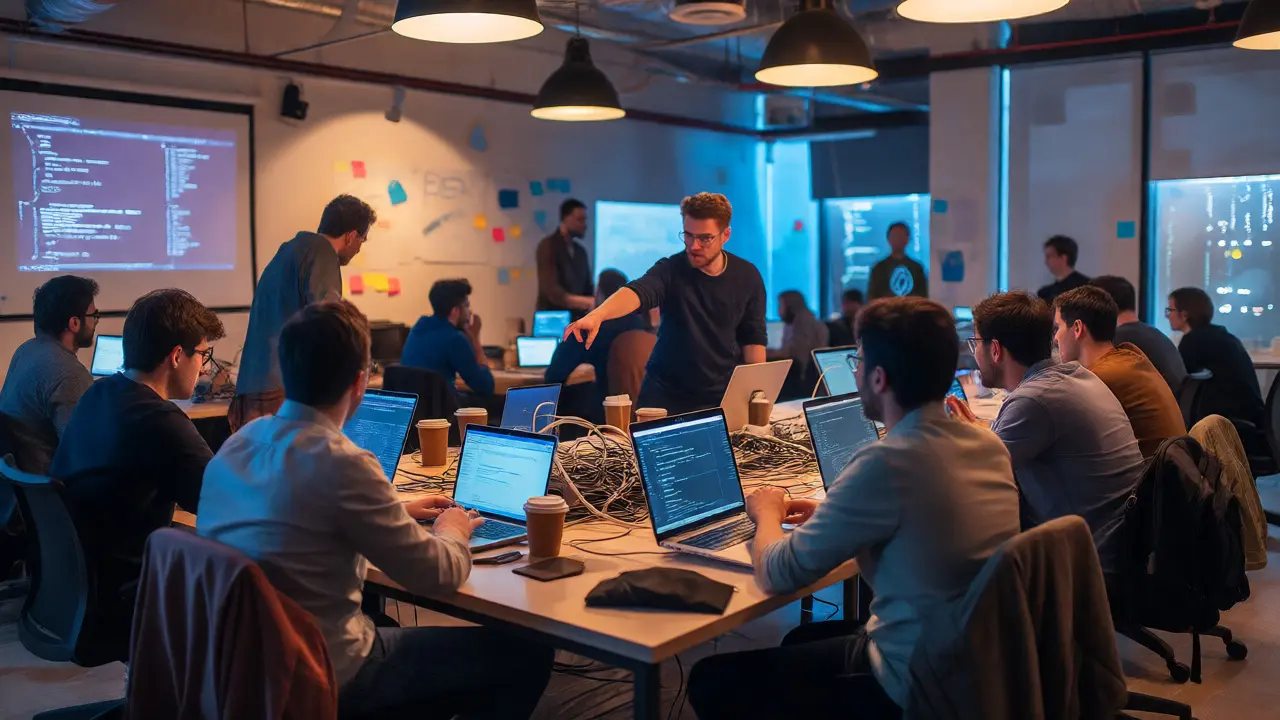 Developers collaborating intensely during a hackathon session