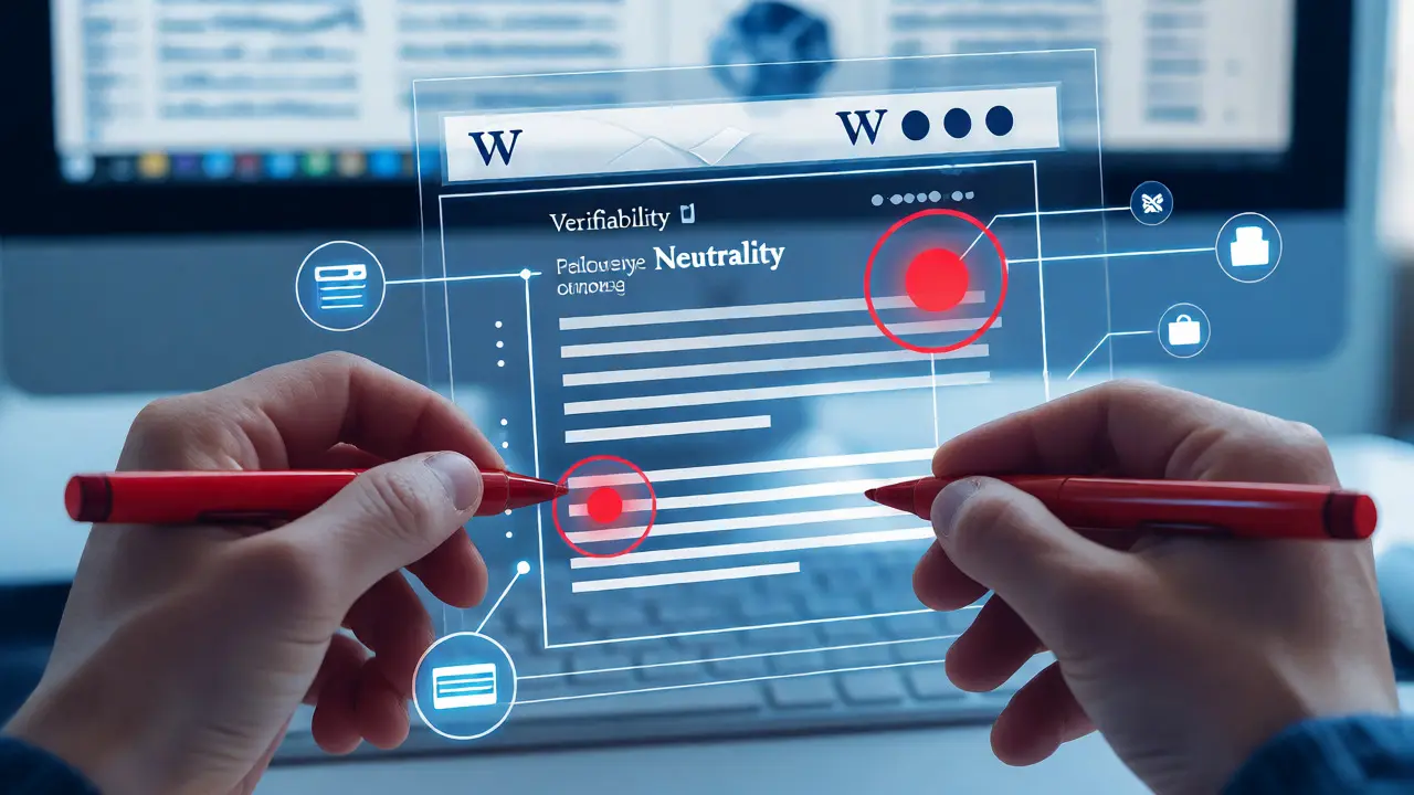 Digital annotations highlighting verifiability issues on a wiki article interface.