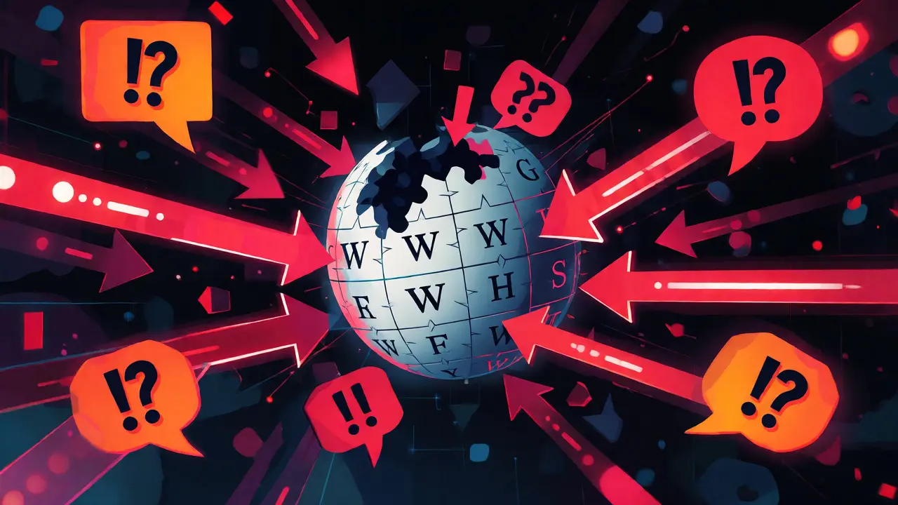 Digital illustration of a Wikipedia logo under attack by angry social media reactions.