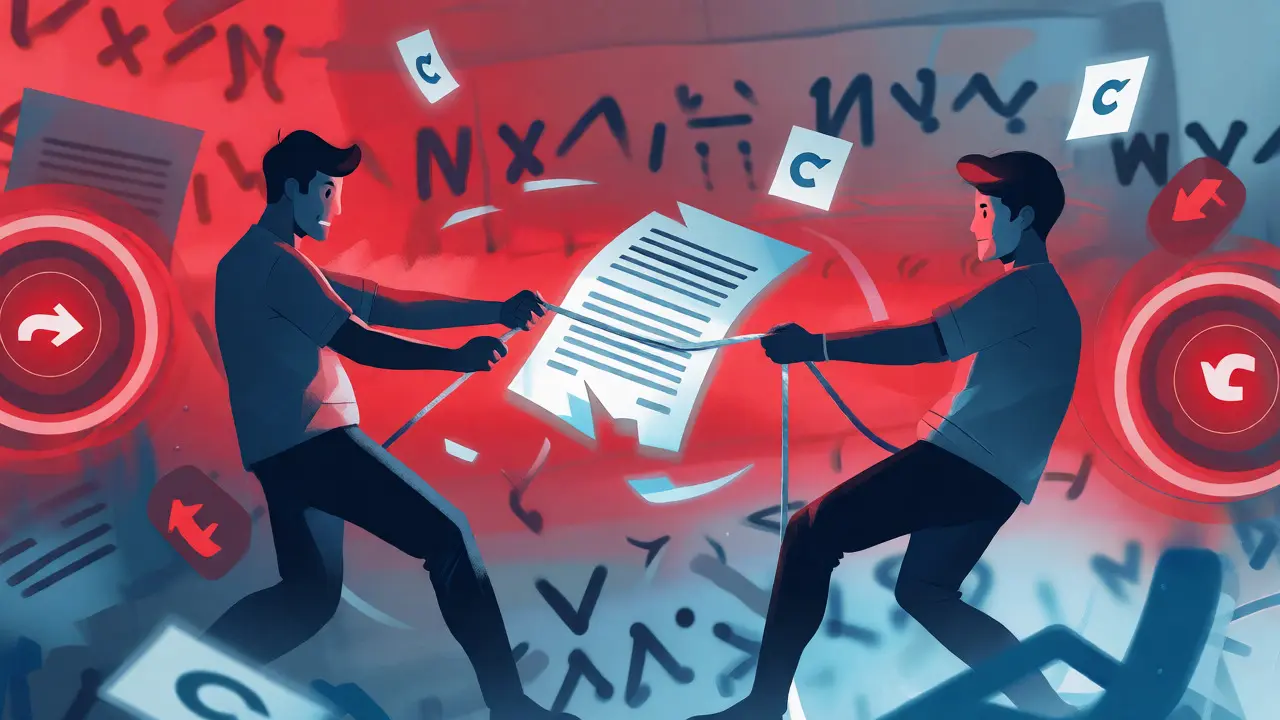 Digital illustration of editors in a tug-of-war over text content