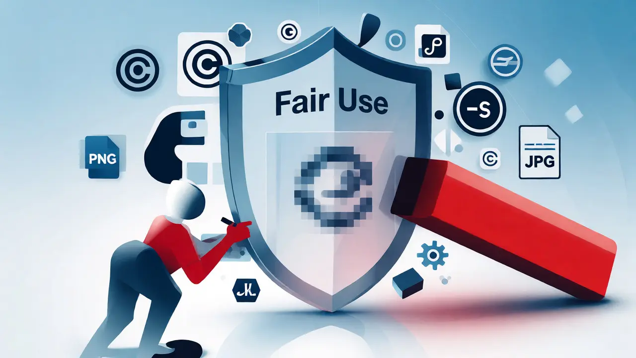 Digital illustration of Fair Use shield protecting low-res logo from deletion