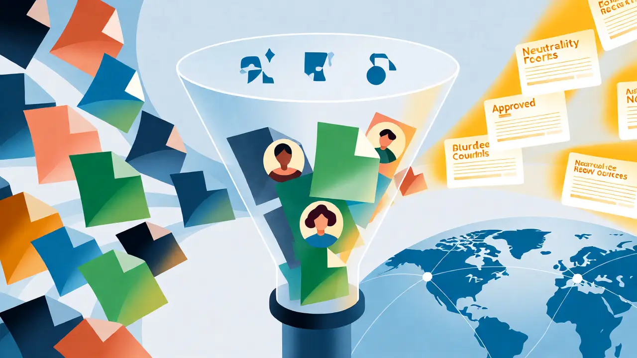 Digital illustration of the Wikinews review queue as a funnel filtering submissions into approved news stories.