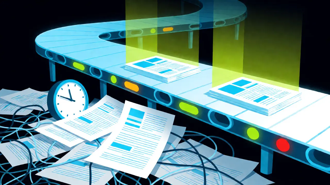 Digital visualization comparing slow, cluttered editorial reviews with fast, streamlined workflows.