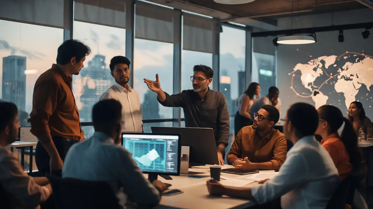 Diverse editorial team collaborating in a modern office on global news content