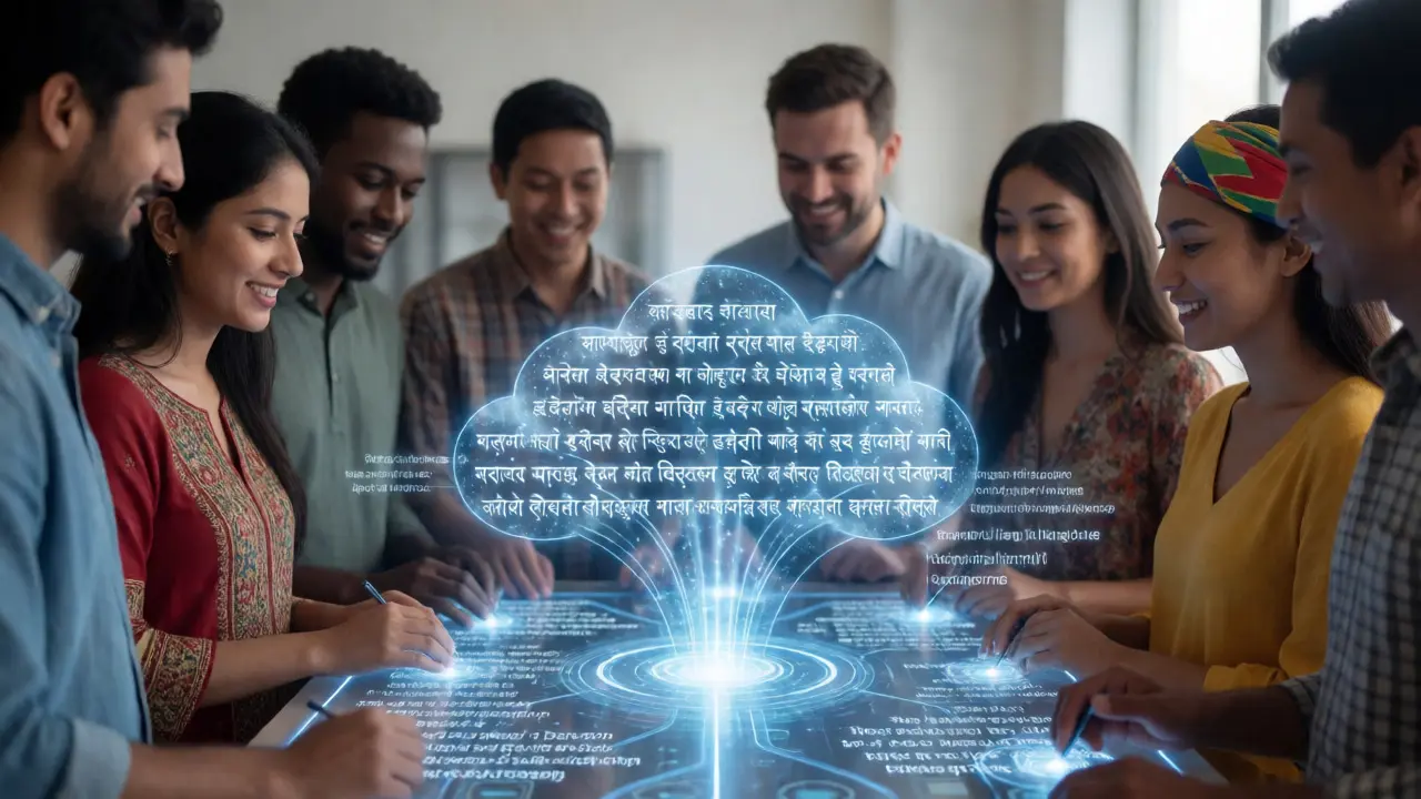 Diverse editors using AI tools to process and validate non-English sources via holograms.