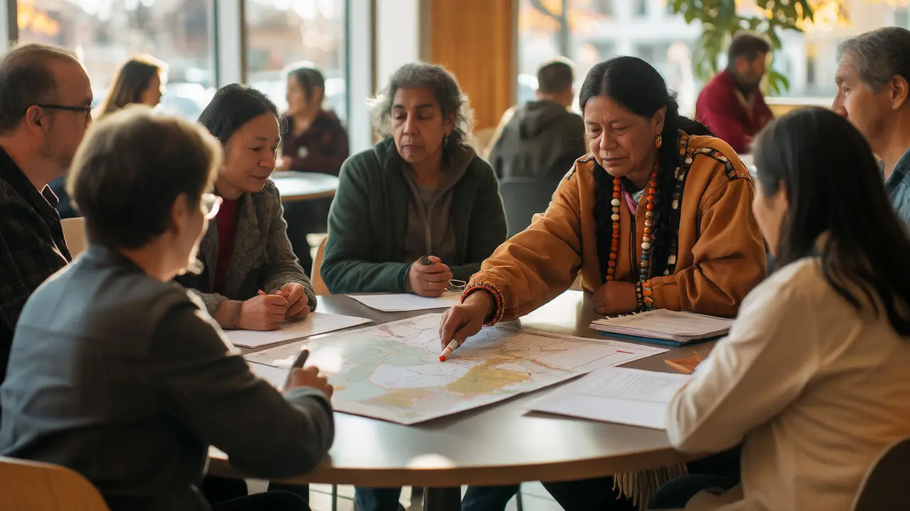 Diverse group collaborating around a table, discussing and correcting historical narratives together.