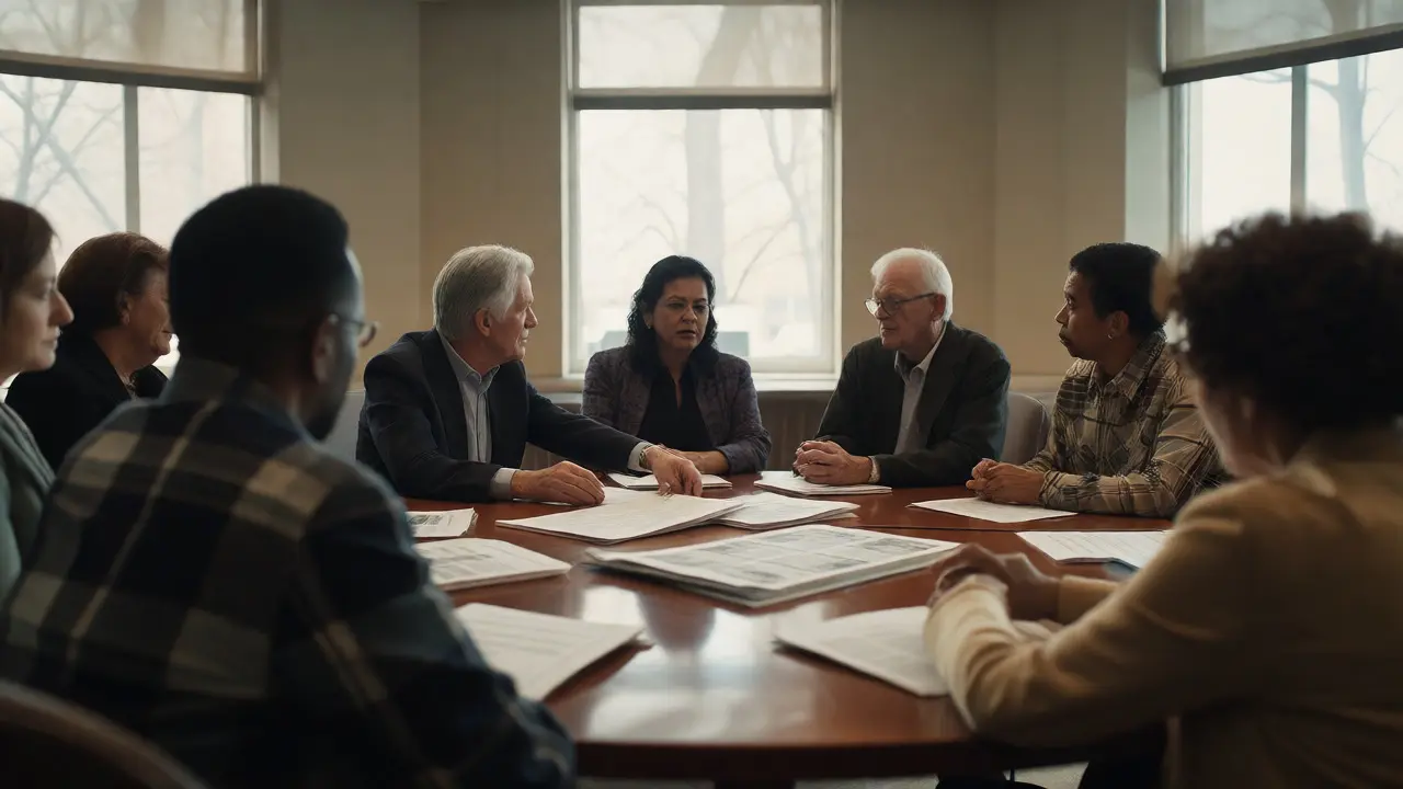 Diverse group discussing documents calmly around a table, illustrating collaborative dispute resolution.