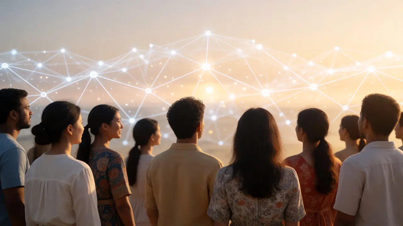 Diverse group facing a glowing digital network horizon