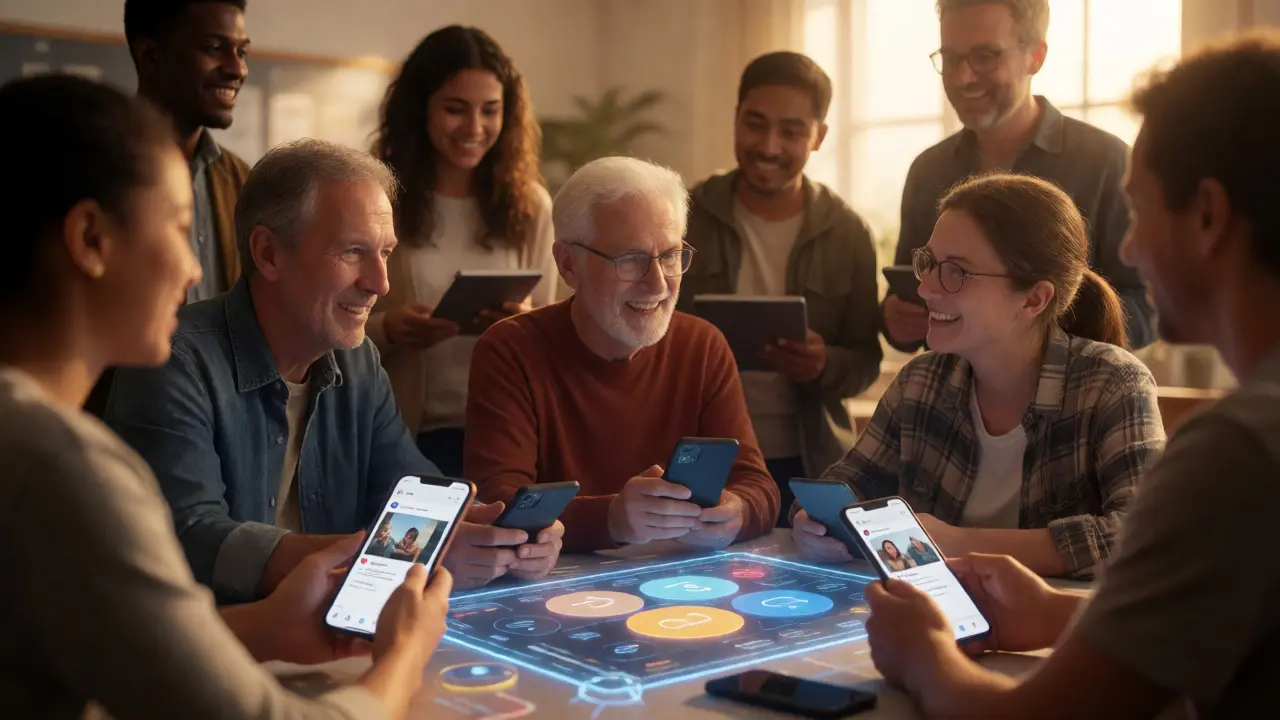 Diverse group of editors collaborating warmly around a shared digital workspace.