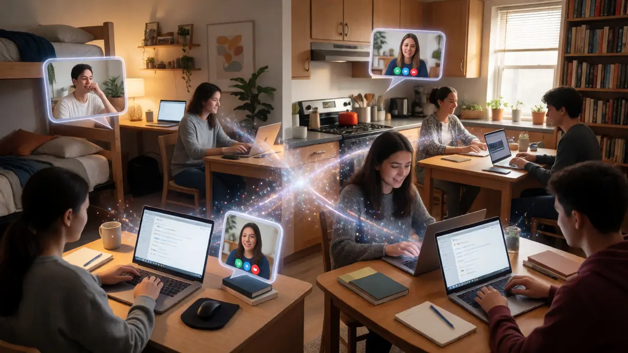 Diverse students in various homes connected by digital light streams during an edit-a-thon.