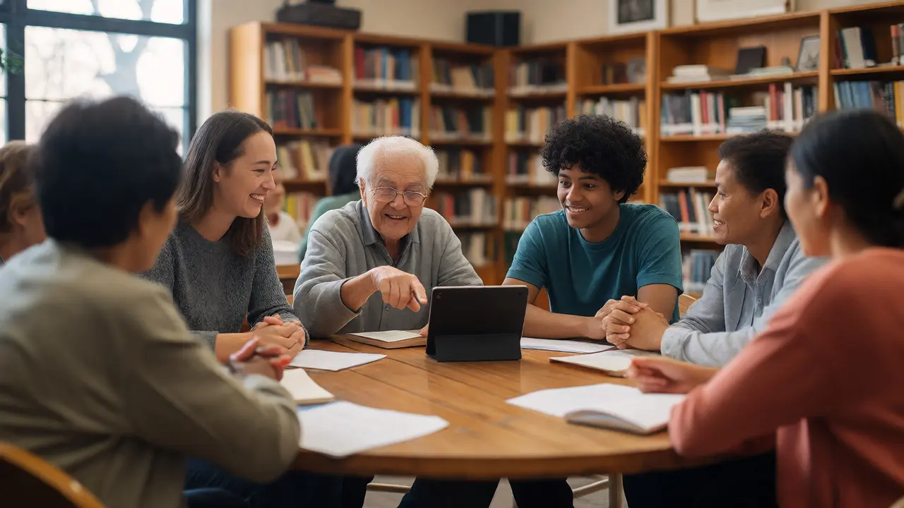 Diverse volunteers helping a newcomer at a table