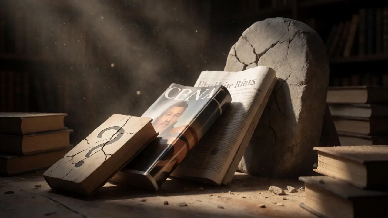 Dominoes falling in a library, symbolizing how hoaxes cascade through news and publications.