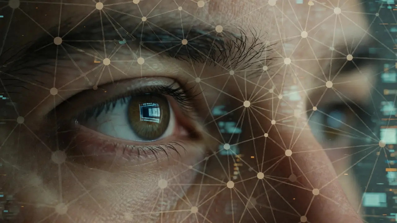Double exposure of a human eye overlaid with a digital network pattern symbolizing editorial cognition.