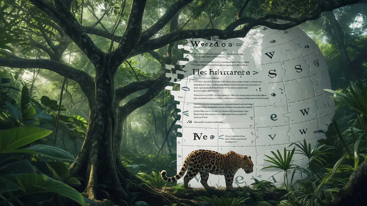 Double exposure of Amazon rainforest and digital article structures.