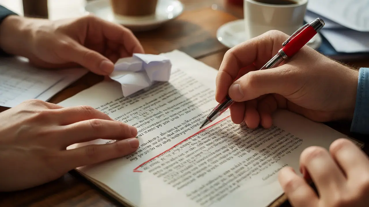 Editor's hand marking a manuscript to reduce disproportionate fringe theory coverage.