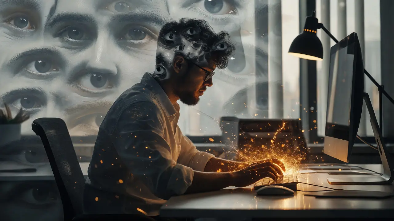 Editor at desk with ghostly crowd behind and golden sparks on hands