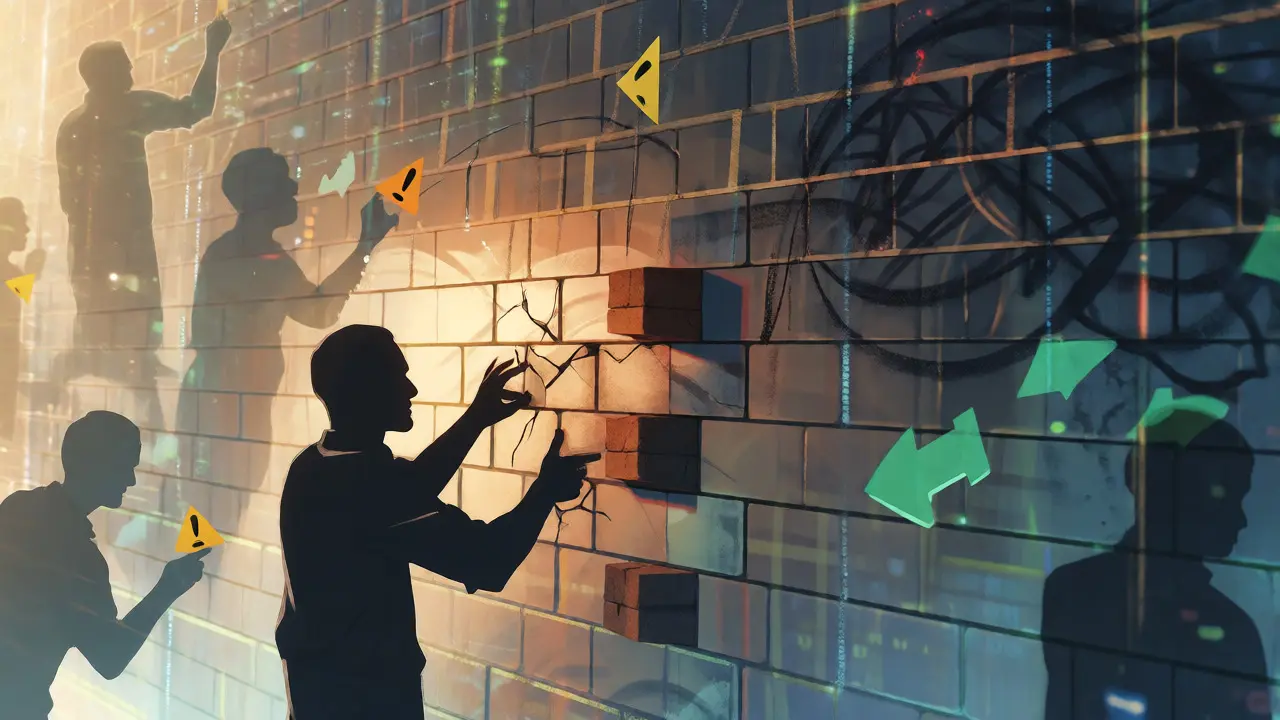Editor repairing a digital library wall amidst data streams