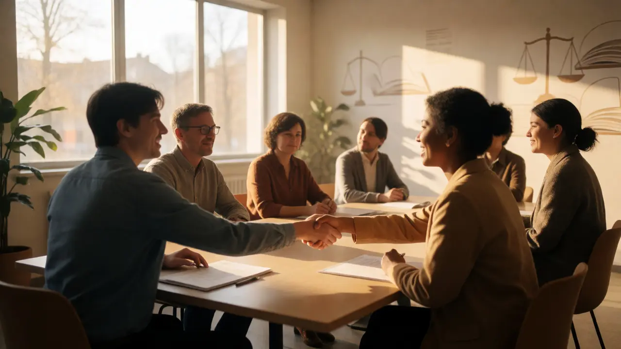 Editors resolving disputes collaboratively in a sunlit community space