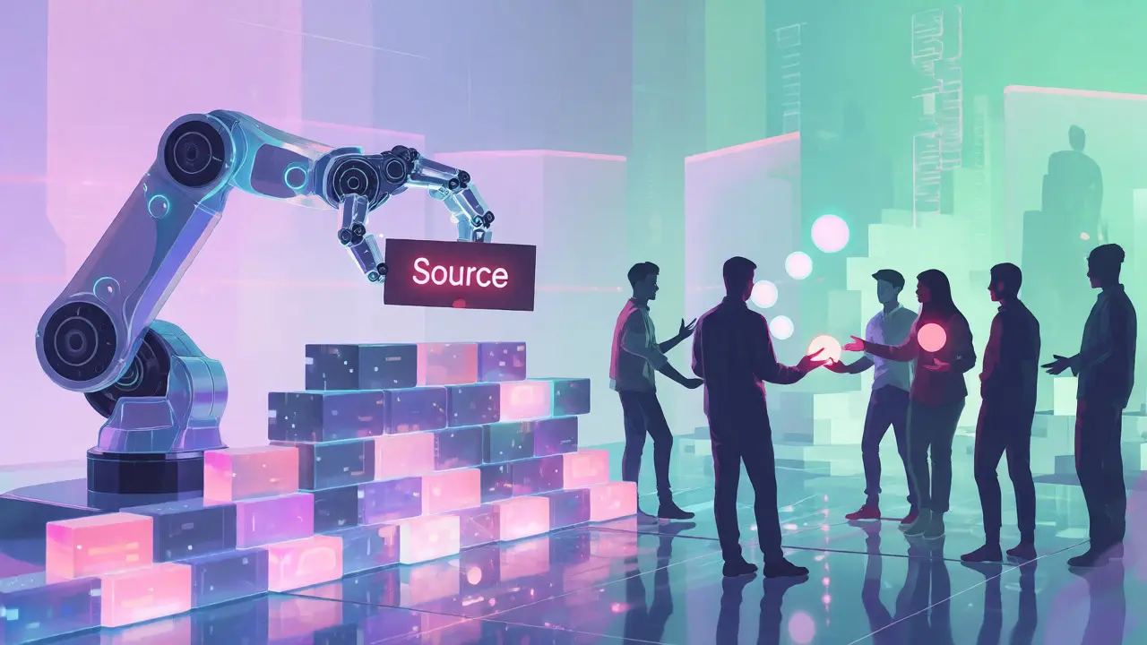 Futuristic scene of AI and humans collaborating on knowledge