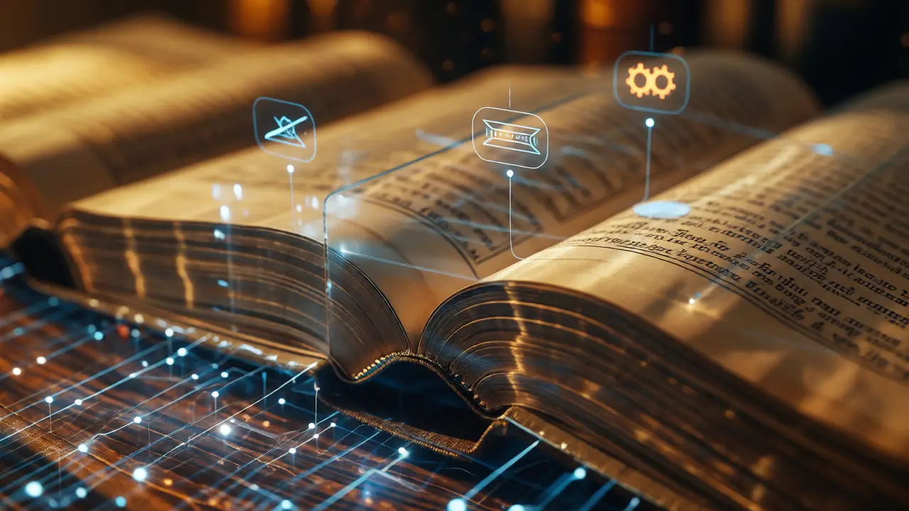 Glass overlay on textbooks showing hidden digital citation pathways