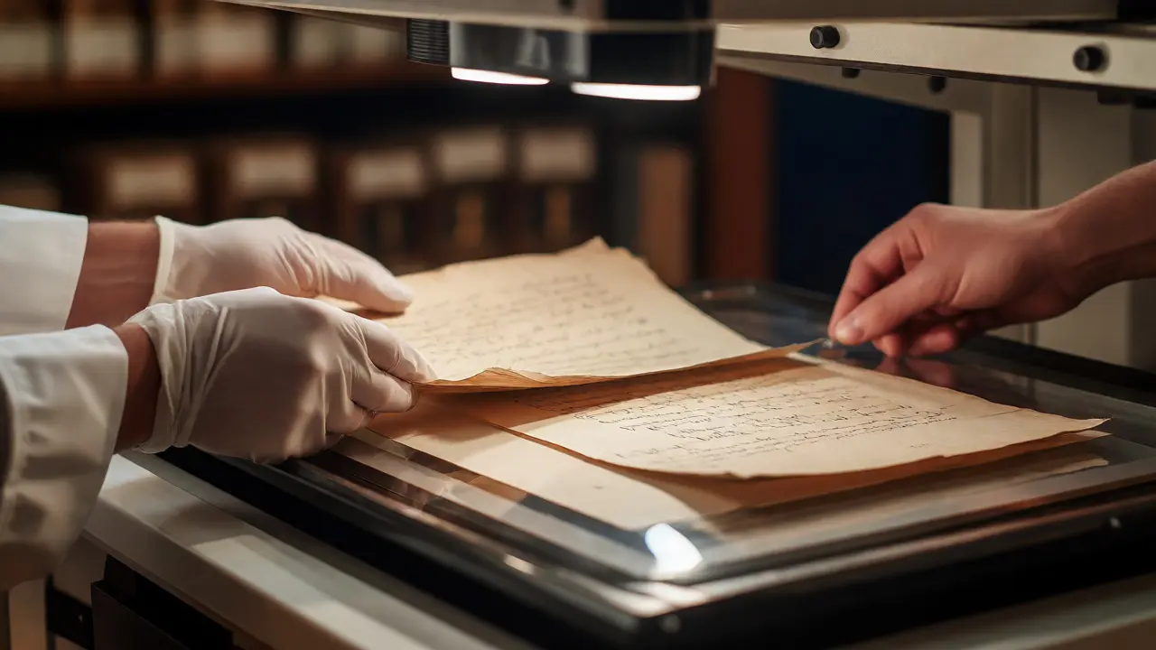 Gloved hands digitizing a fragile historical manuscript using a high-resolution scanner.
