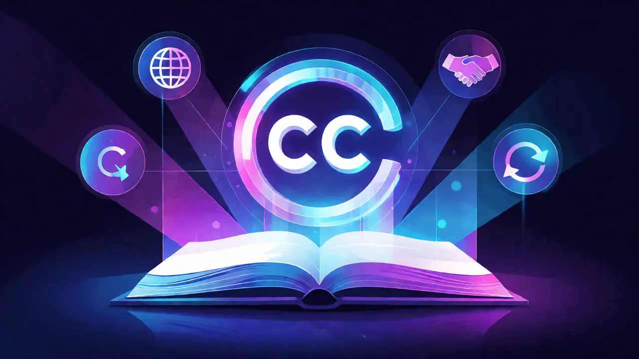Glowing Creative Commons logo connected to digital license icons in a conceptual illustration.