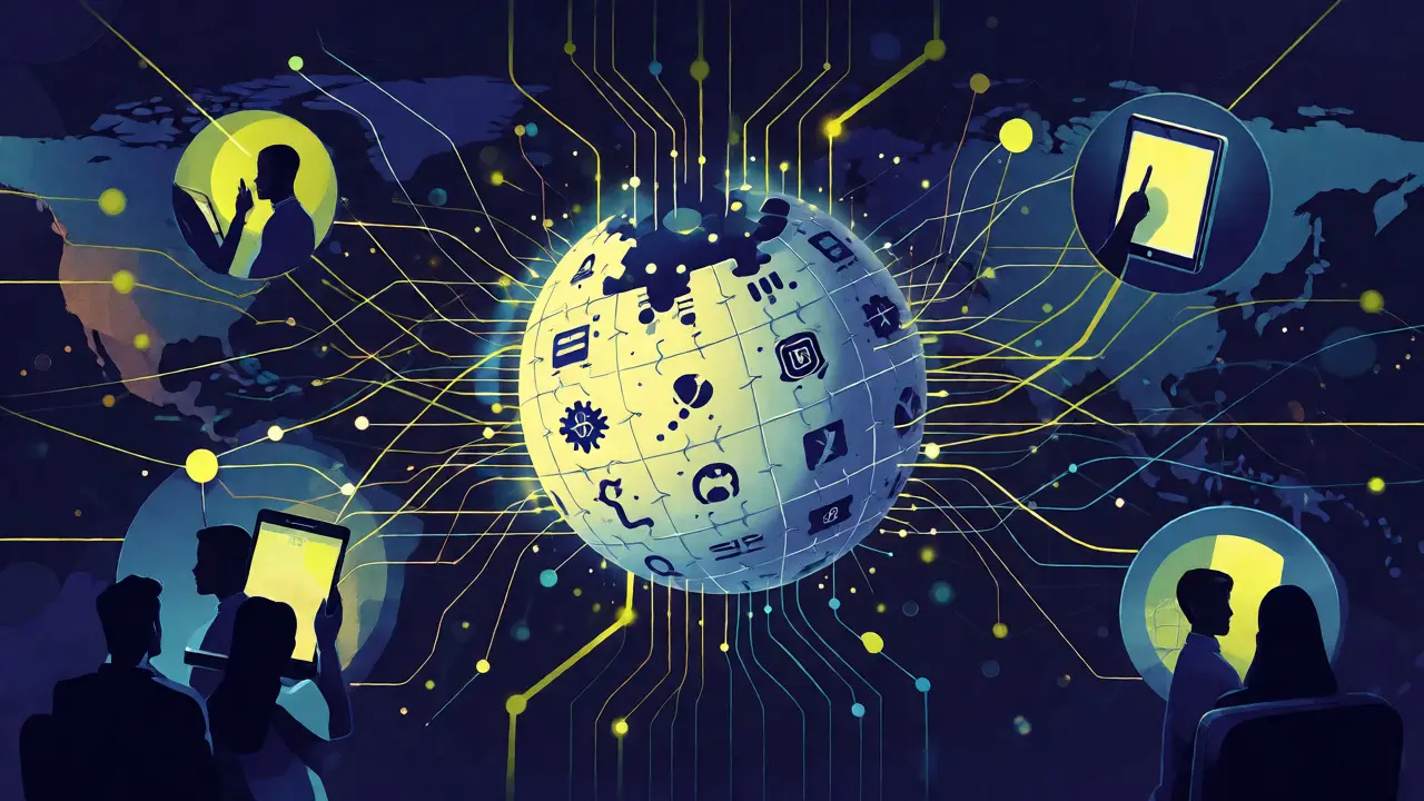 Glowing digital sphere acting as the central hub for global internet information flow.