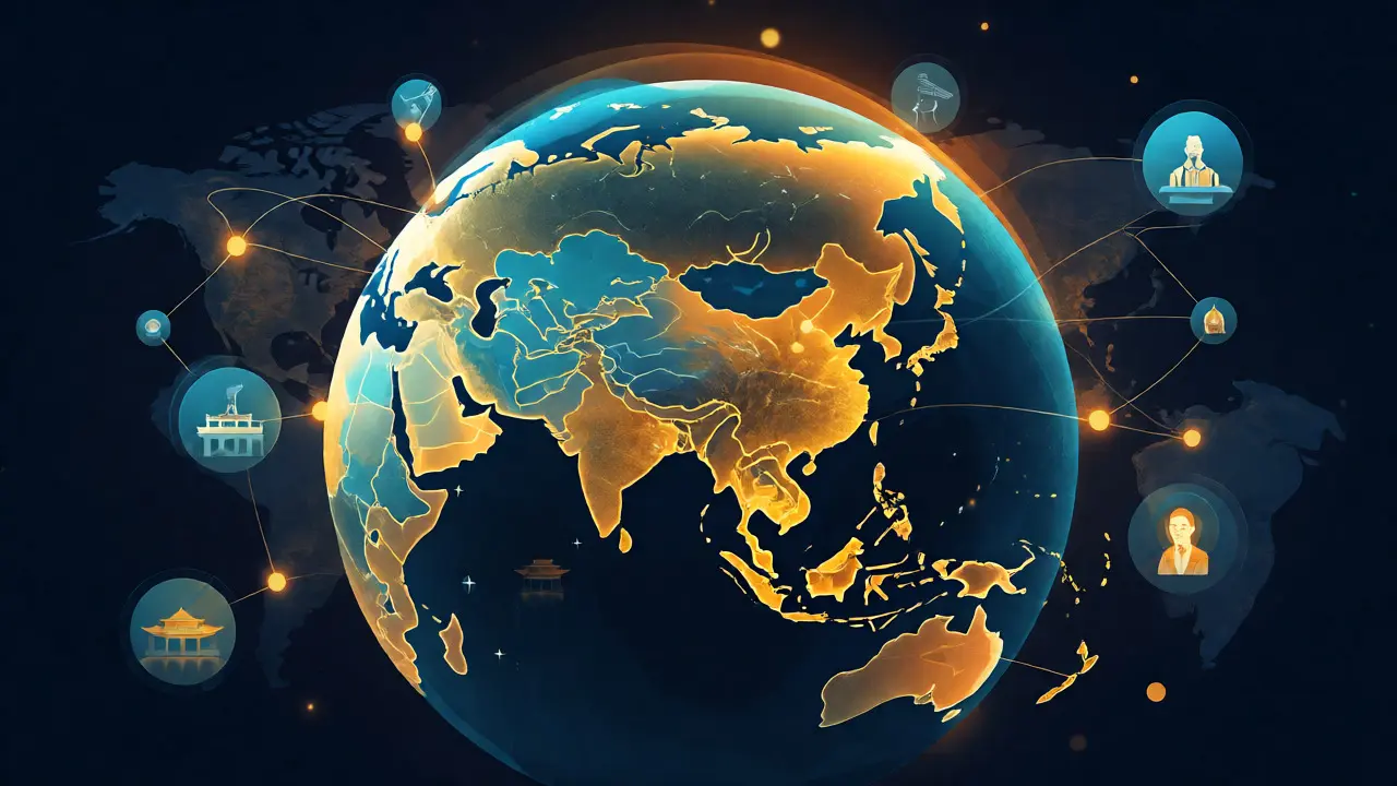Glowing globe connecting Asia to the world via digital knowledge threads