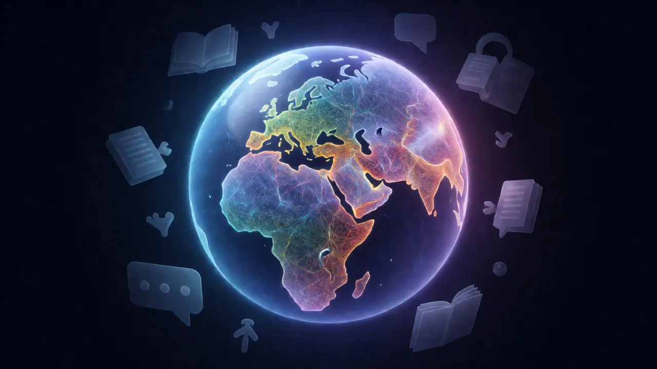 Glowing globe made of light threads representing diverse languages and knowledge equity.