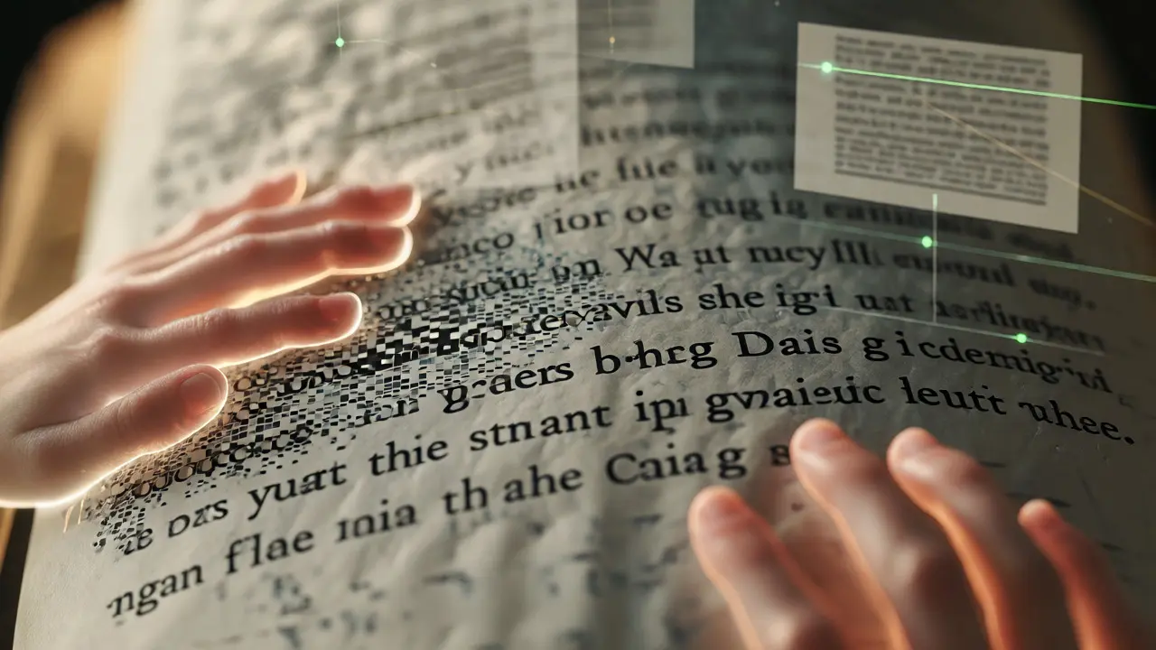 Glowing hands restoring a physical book page with floating version history overlays.