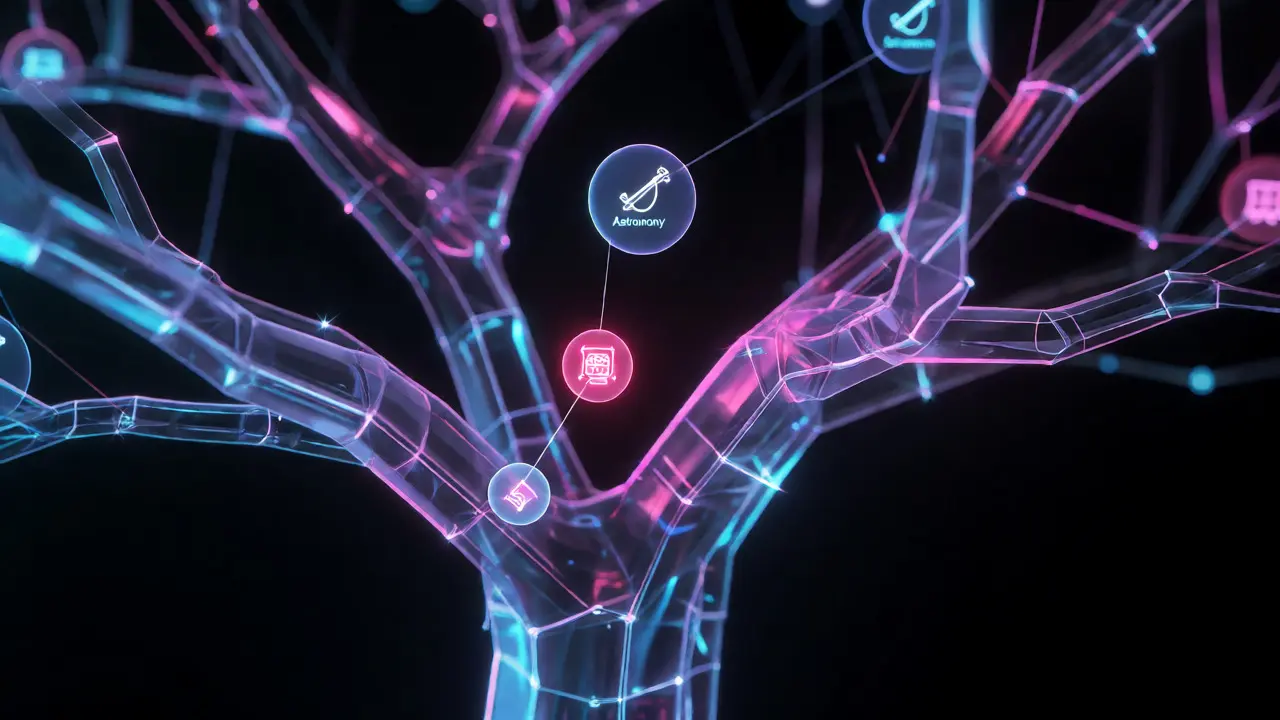 Glowing holographic tree showing connected scientific categories