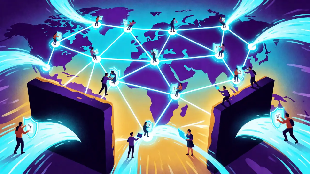 Glowing network diagram showing data bypassing firewalls globally