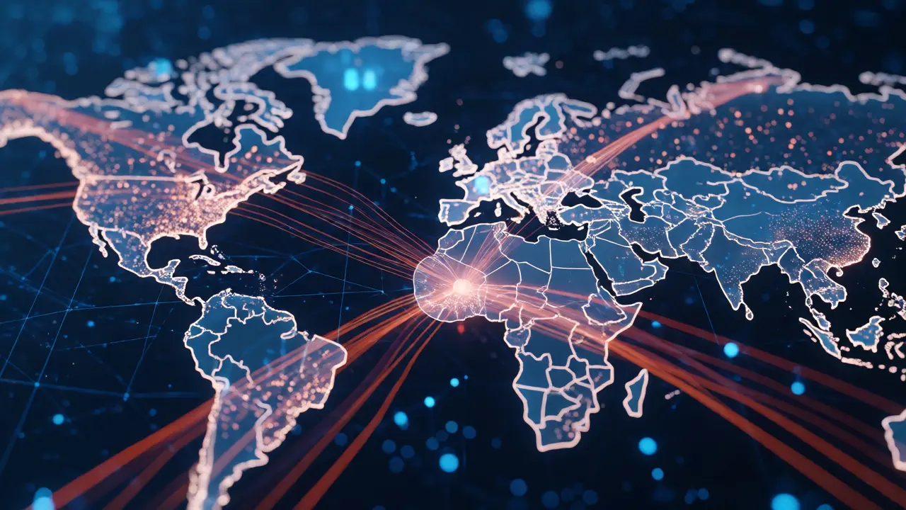 Glowing network lines connecting global data centers on a map