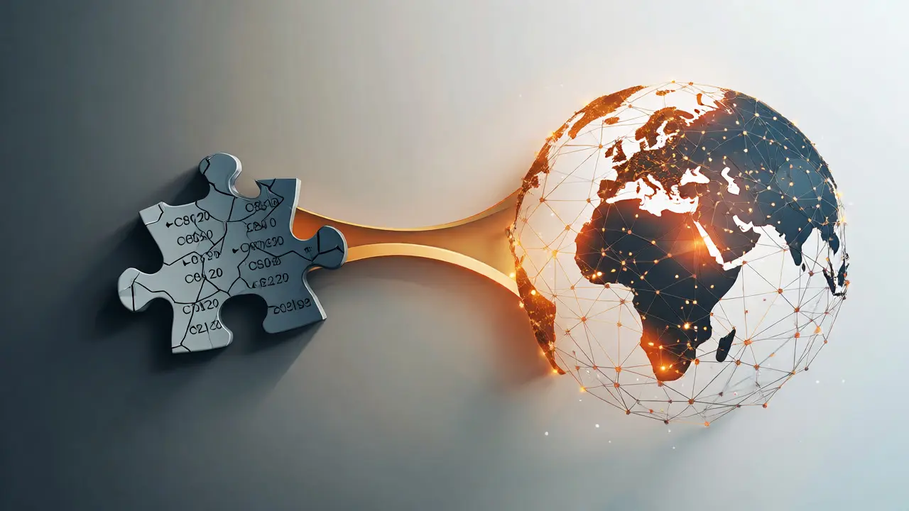 Golden bridge connecting an isolated puzzle piece to a glowing globe, illustrating the transition from isolation to global connectivity.