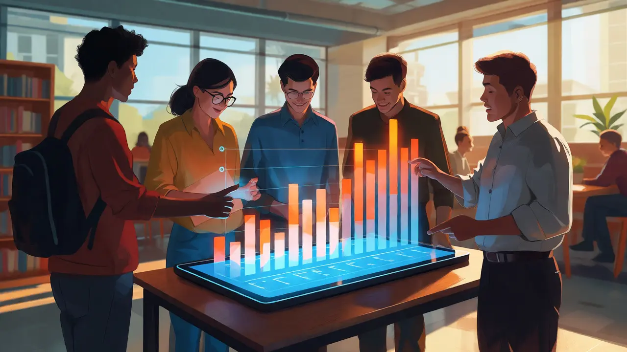 Group analyzing holographic edit history charts in a modern workspace