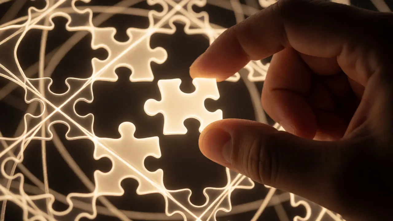Hand inserting a glowing puzzle piece into a network of light strands representing verified data