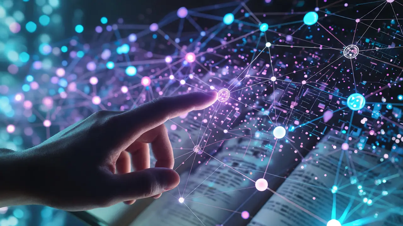 Hand interacting with a glowing digital knowledge graph representing future encyclopedias