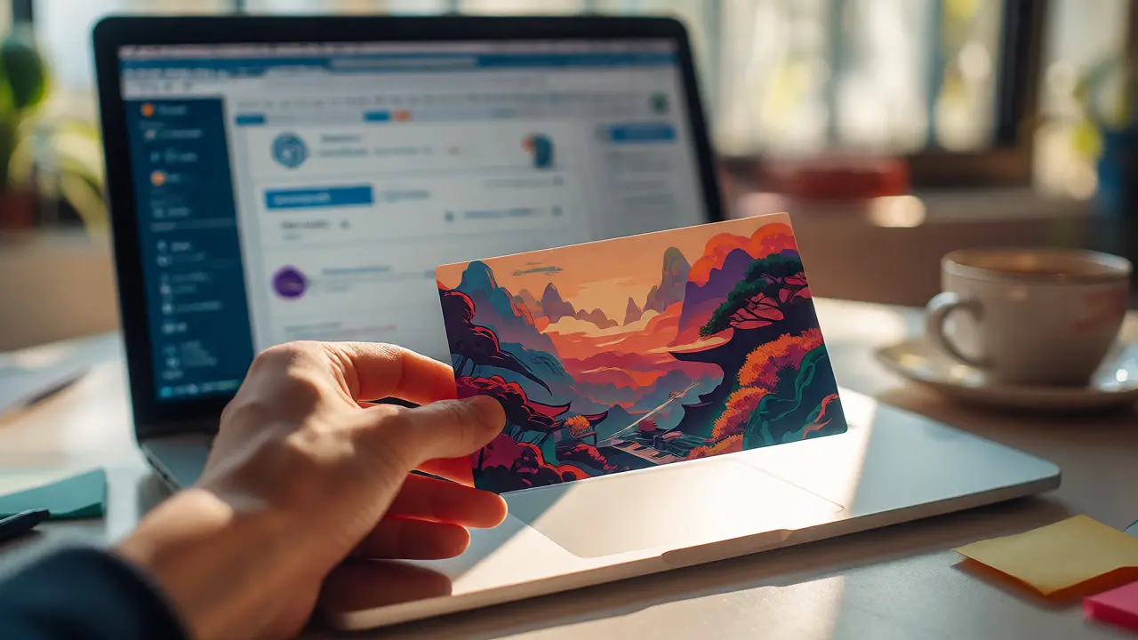 Hand placing an illustrated postcard next to a laptop and coffee