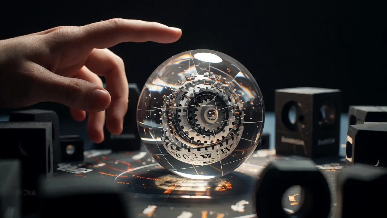Hand reaching for a transparent data sphere amidst opaque black monoliths.