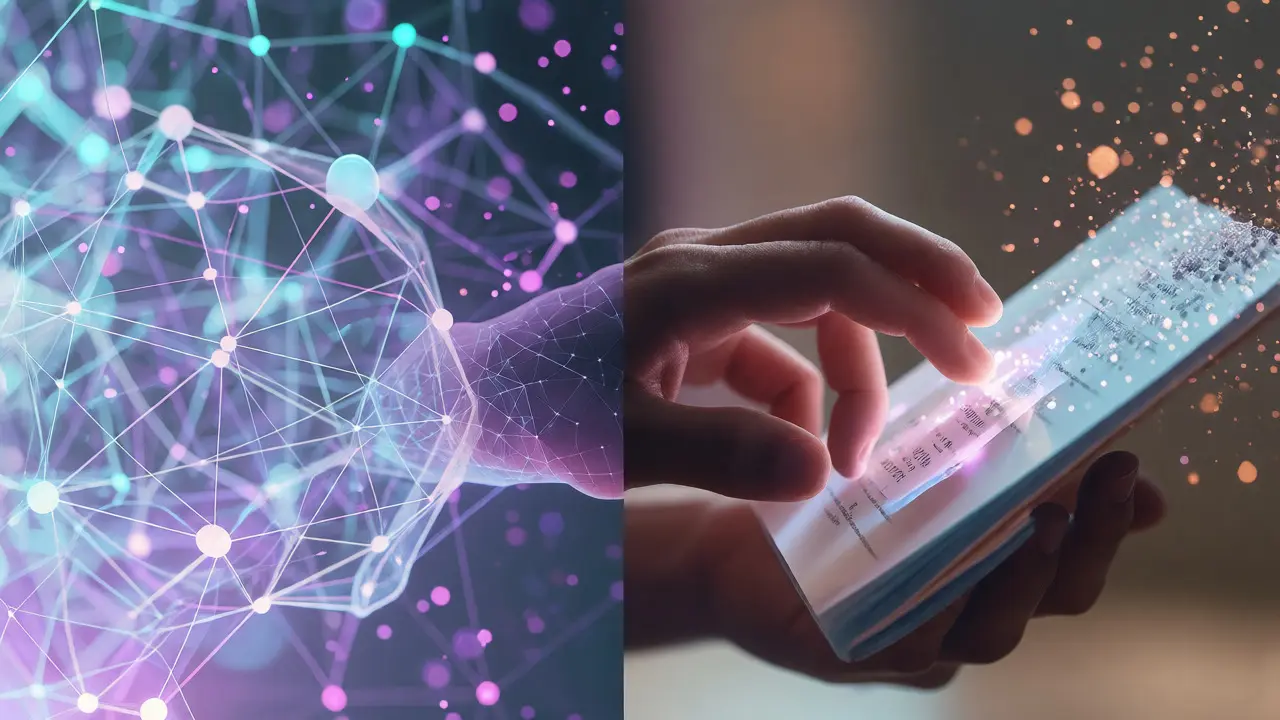 Hand touching a digital web connecting data to human understanding