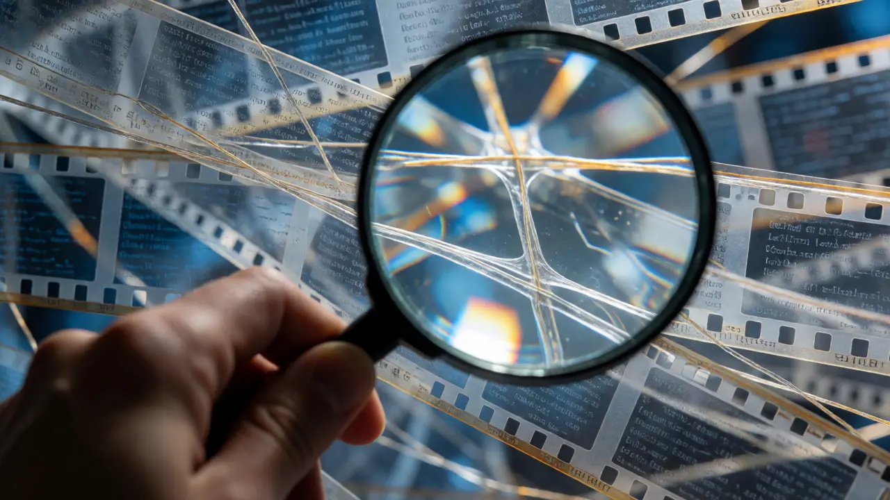 Hand using magnifying glass to inspect layered data