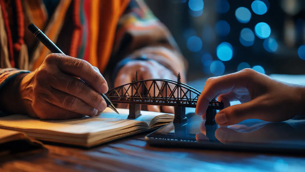 Hands bridging traditional and digital knowledge