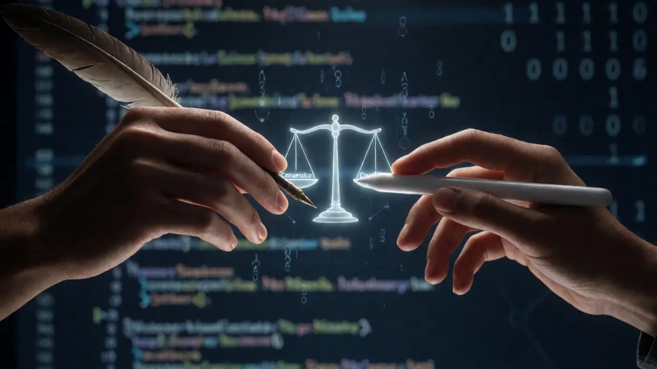 Hands holding a quill and stylus balancing consensus and conflict in digital space.