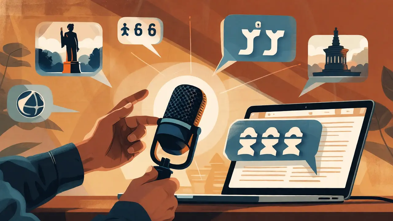 Hands recording audio pronunciations for localized Wikipedia content.