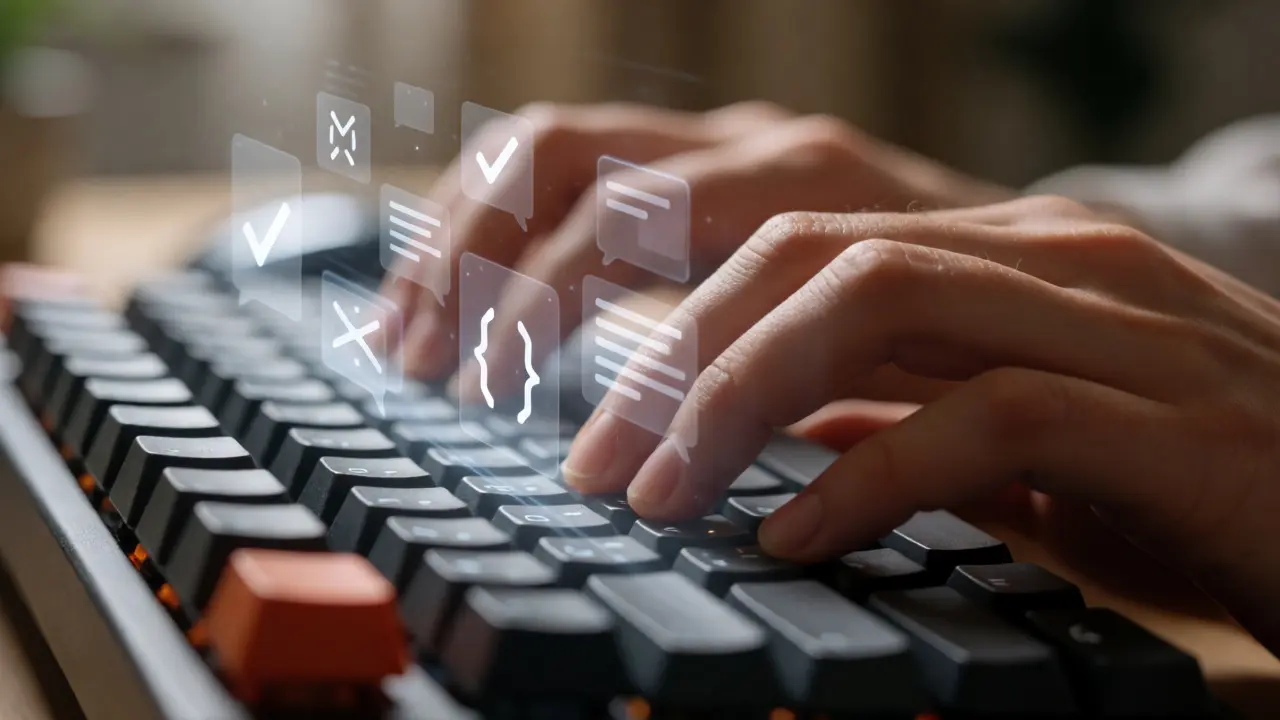 Hands typing on a keyboard with abstract digital overlays representing editing tools.