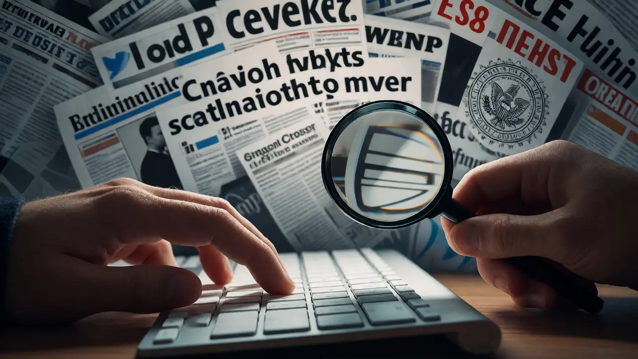 Hands verifying sources against a backdrop of chaotic news headlines.
